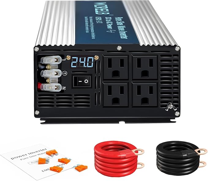 WZRELB 5000W Pure Sine Wave Inverter 24V DC to 110V 120V AC Power Converter with LED Display, Hardwire Terminal,Off-Grid Portable Power Inverter with 4 AC Outlets for Home, RV, Truck, Camping
