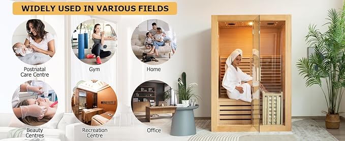 ZONEMEL Wooden Steam Sauna Room, 1 Person Canadian Hemlock Luxurious Indoor Sauna with 3.5 KW Harvia Stove Heater, WiFi Control, Volcanic Rock, Wooden Bucket, Scoop, Reading Light, Hourglass, 220V
