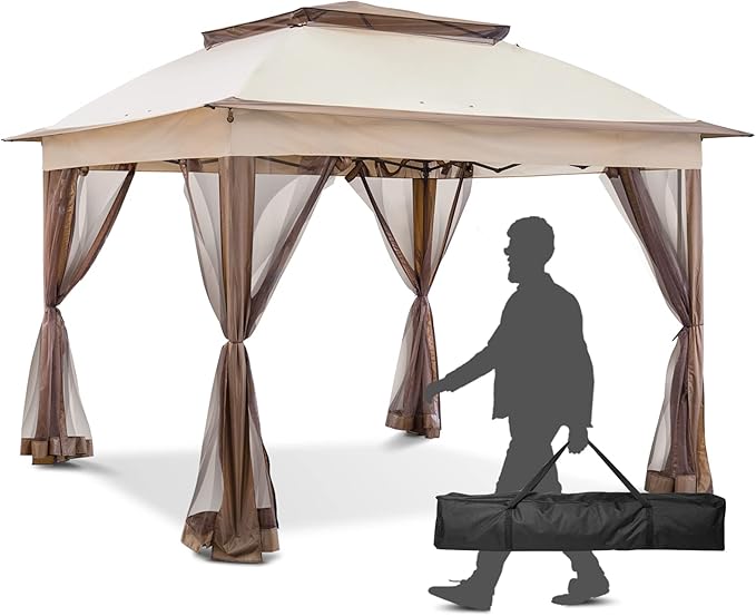 11x11 Outdoor Pop up Gazebo Tent with Mesh Walls for Patio, Lawn, Backyard and Deck, Beige
