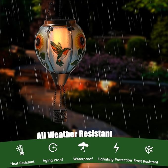 Hot Air Balloon Solar Lantern - Hummingbird Glass Lantern, Simulated Flickering & Dancing Flame, Outdoor Hanging Sunflower Yard Light Waterproof IP65 for Patio Lawn Porch Decor Gift