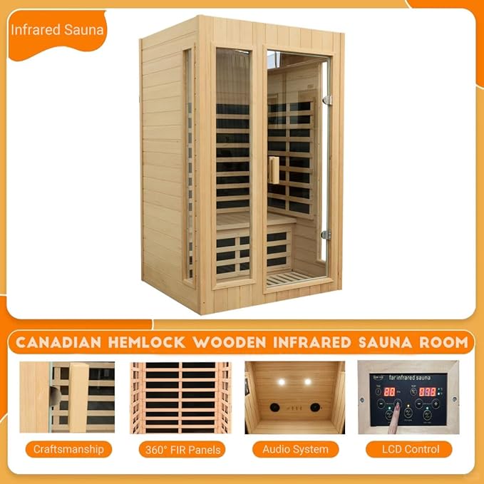 Infrared Sauna 2 Person, Low EMF Infrared Saunas for Home, Indoor Home Sauna Spa, Hemlock Wooden Sauna Room, 1500Watt, Bluetooth Speakers, Reading Lamps