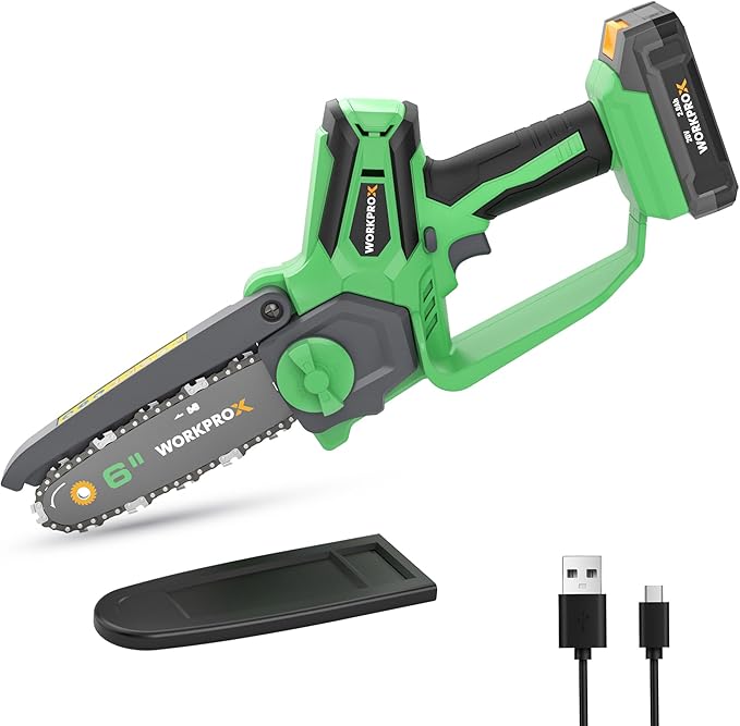 WORKPROX Mini Chainsaw Cordless, 6 inch Handheld Electric Chain Saw with Type-C Fast Charging Battery 20V 2.0Ah, Pruning Saw for Tree Branches, Wood Cutting, Garden Gifts for Men Women
