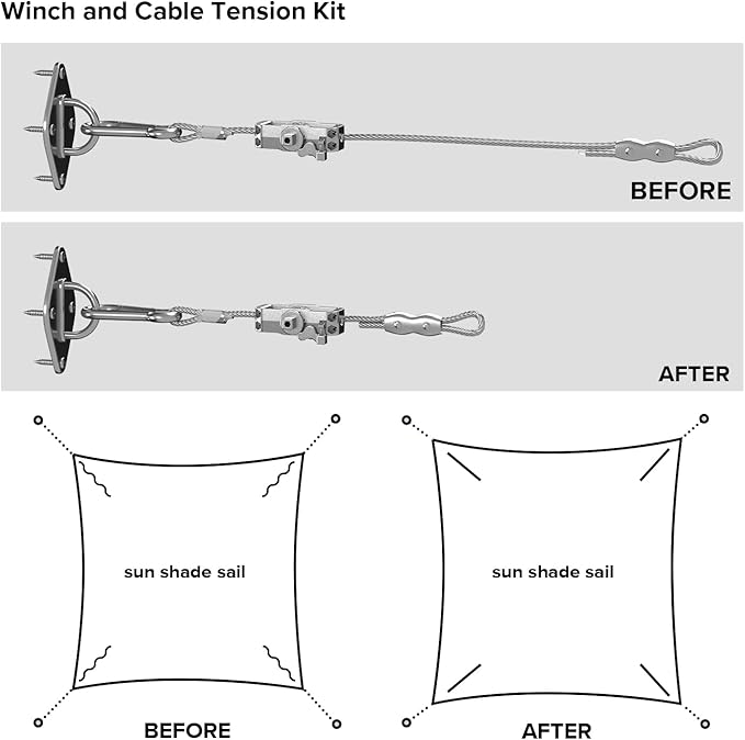 Sun Shade Sail Hardware Kit- 24' Ft (6'x4) Steel Tension Cable with Winch Kit Pad Eyes Snap Hooks Sunshades Installation Kit for Rectangle Shade Sails Deck Patio Yard