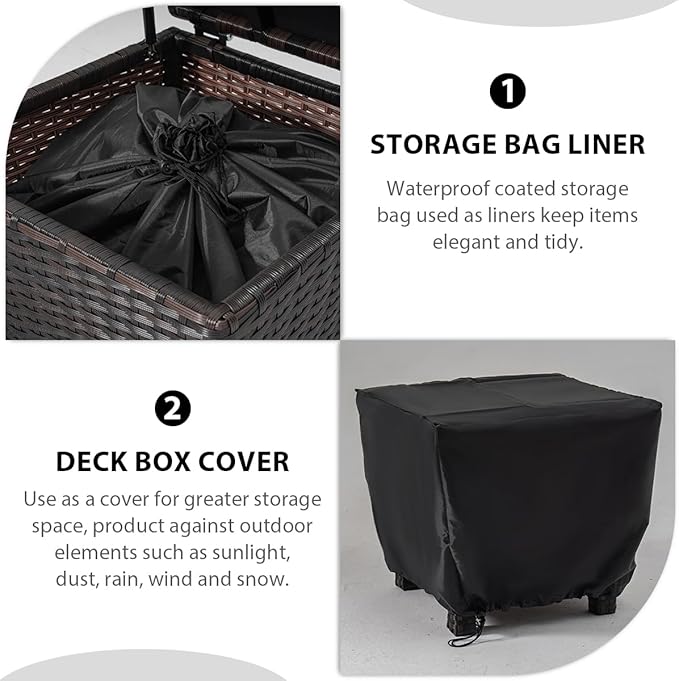 Outdoor Wicker Storage Box with Cover, 13 Gallon PE Rattan Deck Box for Outside with Waterproof Liner, Patio Storage Chest with Hinged Lid for Cushions, Pillows, Towels, Horizontal Bin, Brown