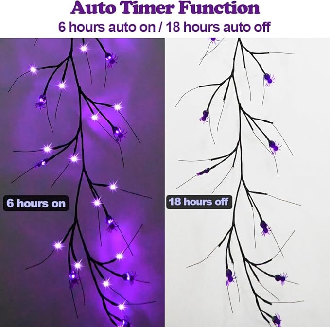 Halloween Decor Lights 6.5 Ft 54 LED Willow Vine Twig with Timer Battery Operated Garland Light 18 LED Spiders and 36 Purple Lights Halloween Party Scary Decoration for Home Wall Fireplace