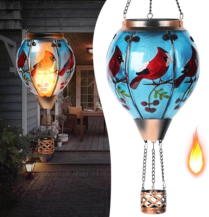 Hot Air Balloon Solar Lantern - Cardinal Bird Glass Lantern, Simulated Flickering & Dancing Flame, Outdoor Hanging Yard Light Waterproof IP65 for Patio Lawn Porch Decor Gift