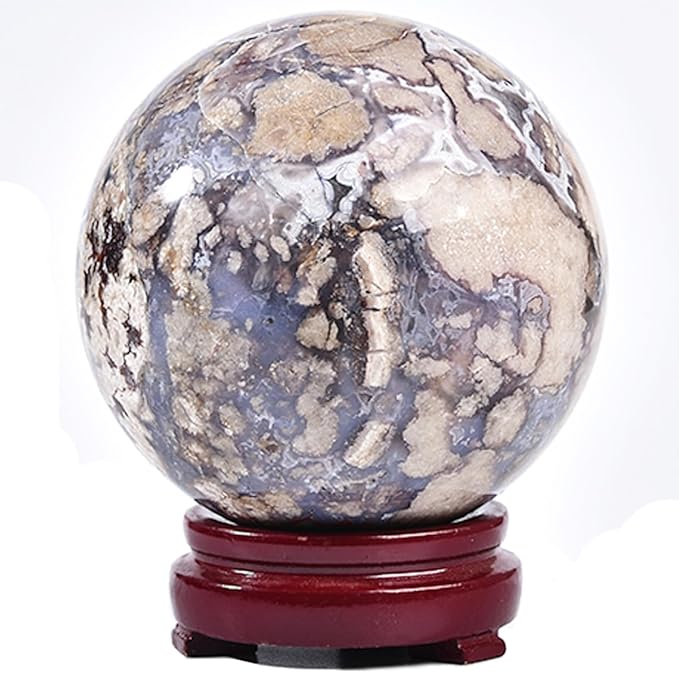 JIC Gem Large Blue Cherry Blossom Agate Crystal Ball with Stand Crystal Sphere Natural Sakura Flower Agate Stone Reiki Healing Meditation Witchcraft Home Decor 3.5-4 inch(90-100mm)