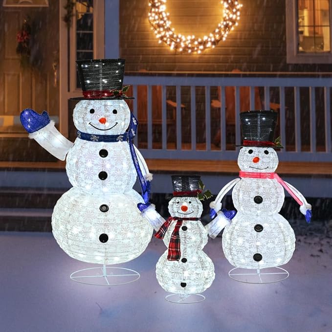 3 Piece Pre-lit Christmas Snowman Family, 270 LED 3D 2ft+3ft+5ft Lighted Snowman for Outdoor Indoor Xmas Decorations