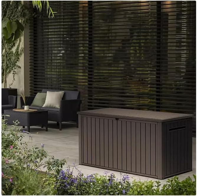 Stylish Indoor/Outdoor Storage Deck Box,Resin,Large Capacity, Weather-Resistant, Lockable lid and Side handles. (Brown, 170 Gallon)
