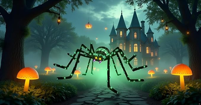 6.8Ft Giant Spider Halloween Decorations Outdoor 82" Light Up Spider with 115 LED Lights for Front Yard, Porch, Garden, Lawn, Halloween Party (Green)