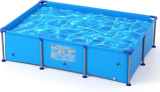 GYMAX 8.5' x 6' x 26" Metal Frame Above Ground Swimming Pool, Outdoor Backyard Famliy Pool w/Puncture-Resistant Fabric, Drainage Valve Connector for Kids & Adults (8.5' x 6' x 26", Rectangle, Blue)