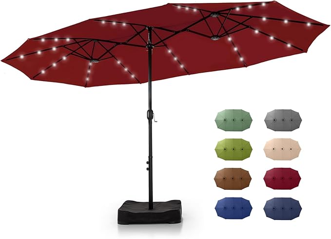 GREEN PARTY 15 ft Rectangle Patio Umbrella with Solar Lights and Base Included, Double-Sided Market Table Umbrella with Crank, Large Outdoor Umbrellas for Patio Poolside Garden Backyard, Burgundy Red