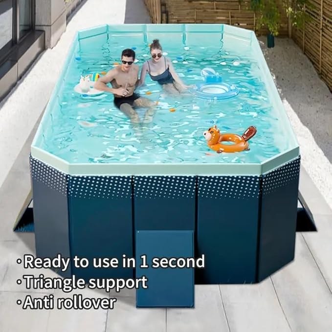 2.6m PVC Folding Pool, Non-Inflatable Portable Swimming Pool for Kids and Adults, Hard Plastic Shell Outdoor Pool with Foldable Design for Backyard, Patio, Beach