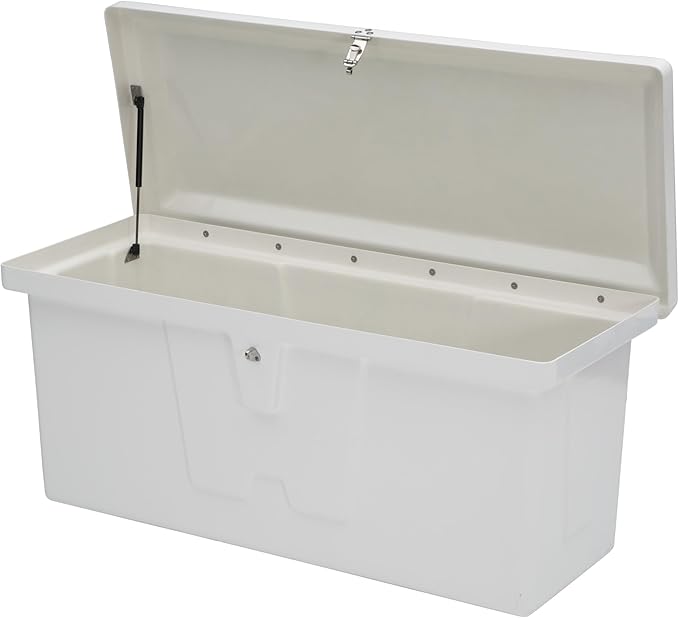 Taylor Made Stow 'N Go Small Fiberglass Dock Box, White (24"H x 54"W x 22"D) – Fiberglass construction, UV gelcoat finish, stainless steel lockable latch and hardware – 2020108652