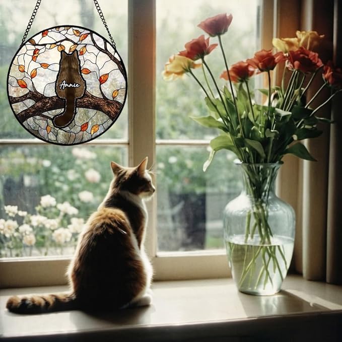 Custom Cat Portrait Stained Glass Window Hanging Light Catcher, Pet Memorial Stained Glass Photo, Cat Memorial Gift Pet Loss Gift