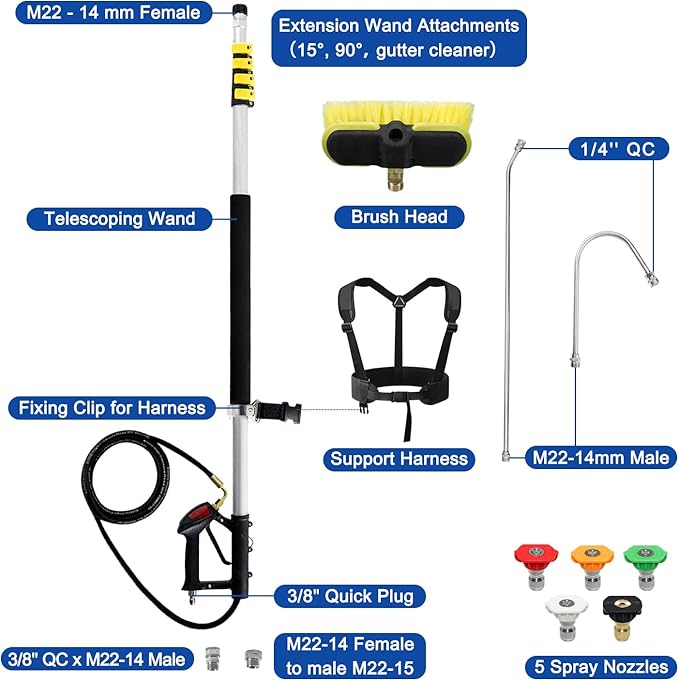 RAYNEL 24FT Telescoping Pressure Washer Extension Wand with Brush Head,Power Washer Extension Wand,Gutter Cleaner Attachment,5 Spray Nozzle Tips,Support Belt and 2 Hose Adapters