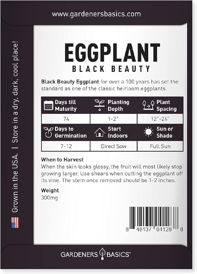 Gardeners Basics, Eggplant Seeds for Planting - Black Beauty Solanum melongena is A Great Heirloom, Non-GMO Vegetable Variety- 300 mg Seeds Great for Outdoor Spring, Winter and Fall Gardening
