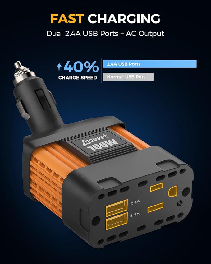 Ampeak 100W Car Power Inverter 4.8A Dual USB Ports AC Outlet 11 Safe Protections Cordless Cigarette Lighter Adapter for iPhone iPad