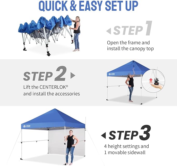 CROWN SHADES 10x10 Pop Up Canopy Tent with 1 Comercial Kit, Instant Commercial Tent with Patended Centerlock, 400D Silver Coated Fabric, 1 Sidewall, 4" Wheels, Sto'N Go Bag,Blue