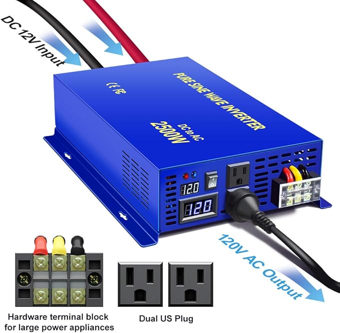 2500 Watt Pure Sine Wave Inverter 12V DC to 120V AC, 2500W Power Inverter Surge 5000W Power Converter for Solar System. (2500W 12V 120V)