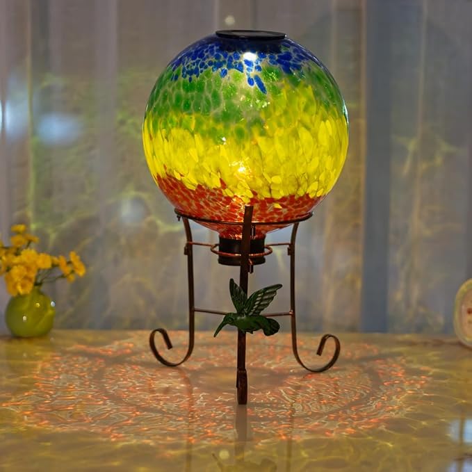 Stargarden Solar Powered Gazing Ball, 10 Inch Glass Gazing Globe, Decorative Gazing Balls with Metal Ball Stand, Colorful Solar Globes for Patio, Lawn, Garden Decor