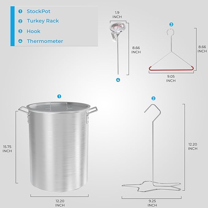 30 Qt Aluminium Stock Pot Kit – Turkey Fryer Pot With Lid, Lifting Hook, Stand & Thermometer – Large Deep Fryer For Frying, Seafood Boiling & Outdoor Cooking