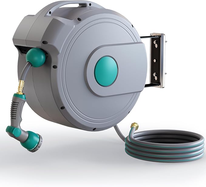 100 ft x 1/2" Retractable Garden Hose Reel | All-weather Water Hose Reel Wall Mounted | Any Length Lock & 180°Swivel, Water Hose with 10-Function Nozzle for Cleaning, Watering (Green)