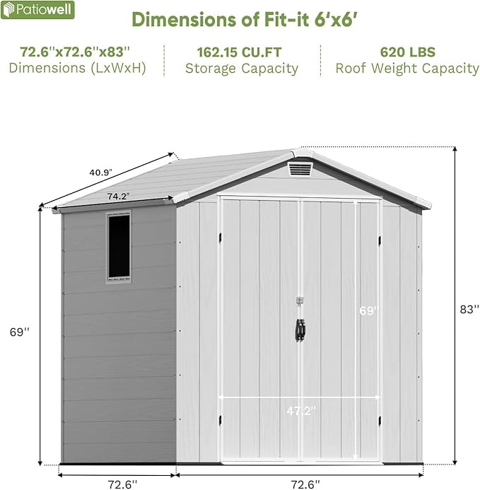 Patiowell 6 x 6 FT Outdoor Storage Shed with Lockable Door & Floor - Resin Garden Tool Shed with Window, Waterproof Easy Assembly for Backyard, Lawn Equipment, Patio Furniture Storage (Light Grey)