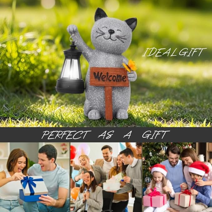 Cat Garden Statues with Solar Lantern, Outdoor Figurine Resin Sculpture Hanging Solar Power Lights for Decoration Yard Patio Balcony Lawn Ornament Art Decor, Unique Gift for Grandma Wowen Mom