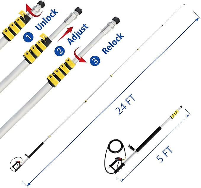 RAYNEL 24FT Telescoping Pressure Washer Extension Wand with Brush Head,Power Washer Extension Wand,Gutter Cleaner Attachment,5 Spray Nozzle Tips,Support Belt and 2 Hose Adapters