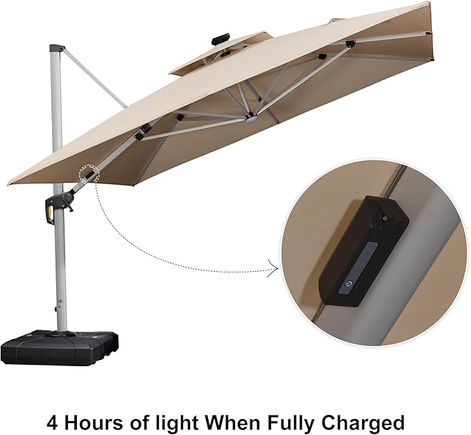 PURPLE LEAF 11 Feet Solar Powered LED Square Cantilever Umbrella With Base Patio Umbrellas Windproof Hanging Umbrella Outdoor Umbrellas Offset Umbrellas, Beige