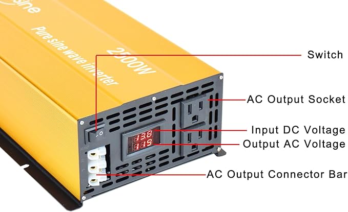 2500W Pure Sine Wave Inverter-12V DC to 110V 120V AC Power Converter with 2 AC Outlets, 12 Volt Power Inverter for Truck, Rv, Camping, Home, Emergency Power