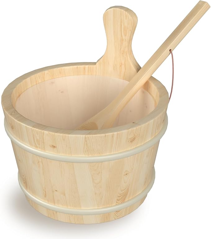 Sauna Bucket and Ladle, Sauna Accessories Made of Hand-Made Camphor Pine, Wooden Sauna Set with Plastic Lining and Handle