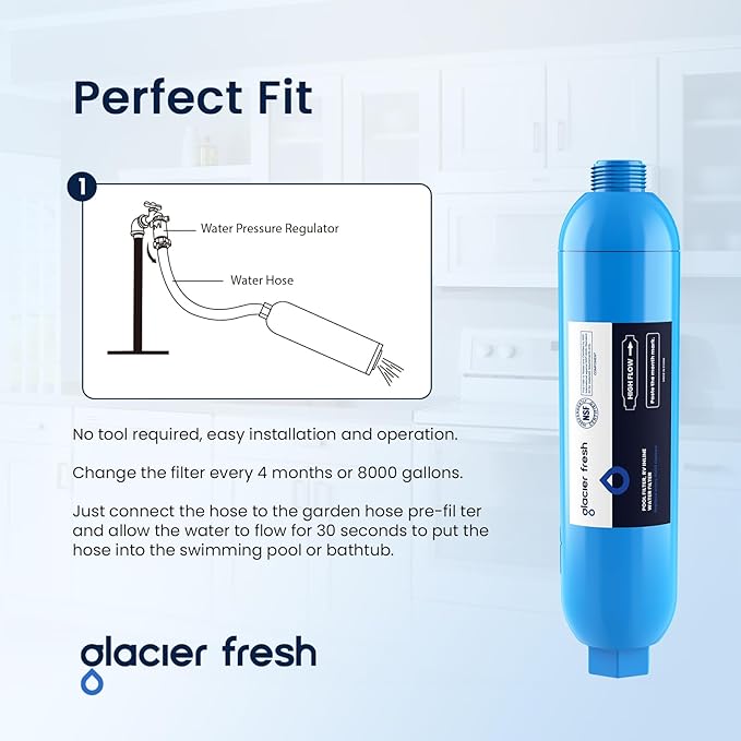 GLACIER FRESH Garden Hose End Pre-Filter for Swimming Pool, Hot Tubs, Spa, Inflatable Pool, Ponds, Greatly Reduces Bad Taste, Odors, Chlorin and Sediment, up to 8,000 Gallons, 3 Pack