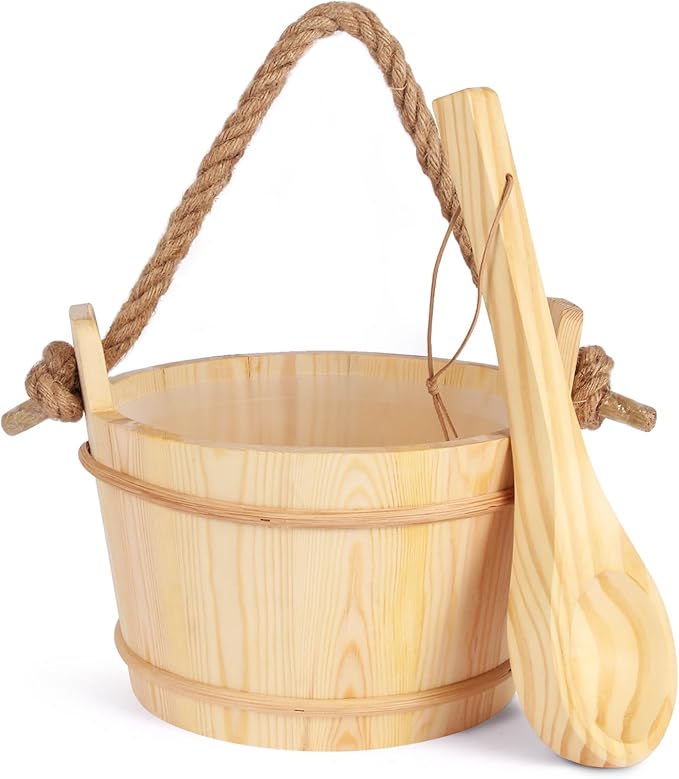 6L-1.6Gal Pine Wood Sauna Bucket and Ladle Set, Complete Handmade Wooden, 14.5″ Sauna Ladle,Premium Pine Sauna Accessories Kit for Steam Sauna, Natural Wooden Bucket for Sauna