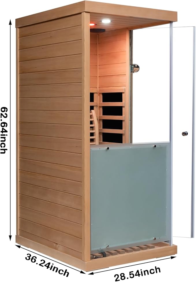 Hemlock Deluxe Mini Indoor Sauna 1 Person, Far Infrared Sauna at Home, Wooden Dry Sauna 1060w with 6 Far Infrared Heating Plate, Bluetooth Speaker, Red Light, Reading Light(Right Door)