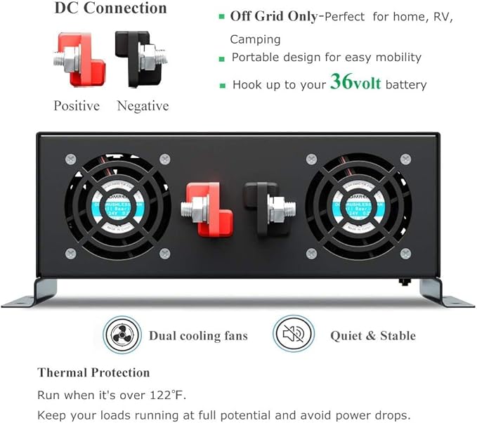 WZRELB 4000W 36V 120V Pure Sine Wave Power Inverter with 2 AC Outlets,Car Inverter