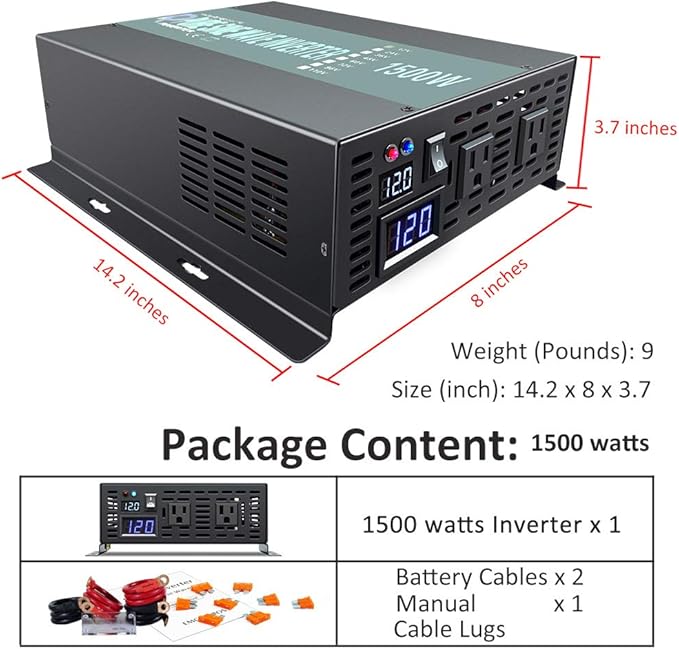 WZRELB 1500W 24V Dc to 120V AC Pure Sine Wave Solar Inverter Off Grid Power Inverter for RV Camping
