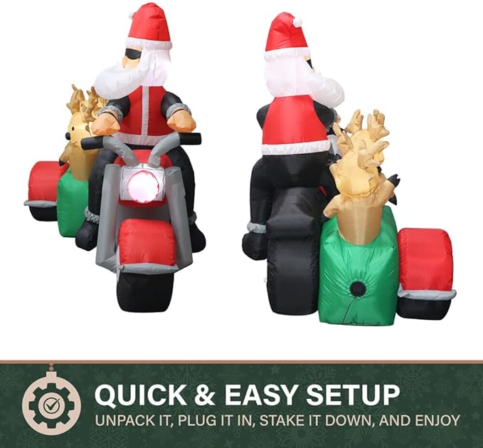 Fraser Hill Farm 6-Ft. Tall Santa on Motorcycle with Reindeer Sidecar Blow Up Inflatable with Lights, Outdoor Christmas Inflatable Decoration for Lawn and Yard, Giant Festive Holiday Decor