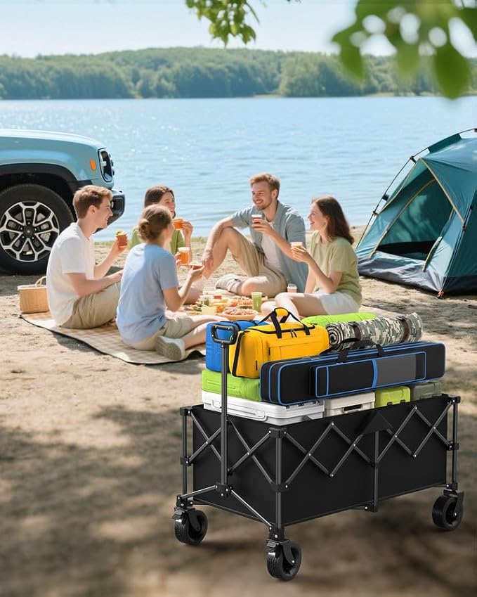 45.5" L Kitsure Collapsible Wagon - Heavy Duty Foldable Wagon with 440lbs Capacity, Adjustable Handle, Shopping Cart with Wheels for Camping, Groceries, Black, 45.5" x 24.0" x 38.0"