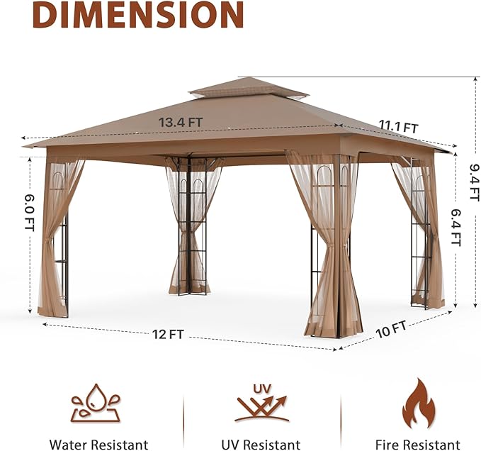 EAGLE PEAK Patio Gazebo with Mesh Netting 13x11 at Top 12x10 Footprint, Soft Top Outdoor Pavilion for Backyard, Deck, Lawn and Garden, Brown