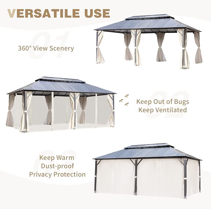 YOLENY 12' X 20' Hardtop Gazebo, Aluminum Composite Ventilation Double Roof Permanent Outdoor Pavilion Pergola Party Tent for Patio, Lawn, Garden, Poolside, Curtains and Netting Included