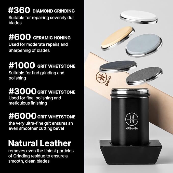 HADANA Rolling Knife Sharpener Set - All-in-One Professional Chef Knife Sharpener Kit with Diamond and Ceramic 5 Whetstone - 4 Angles Sharpener for Kitchen with Magnetic Knife Fixing Stand