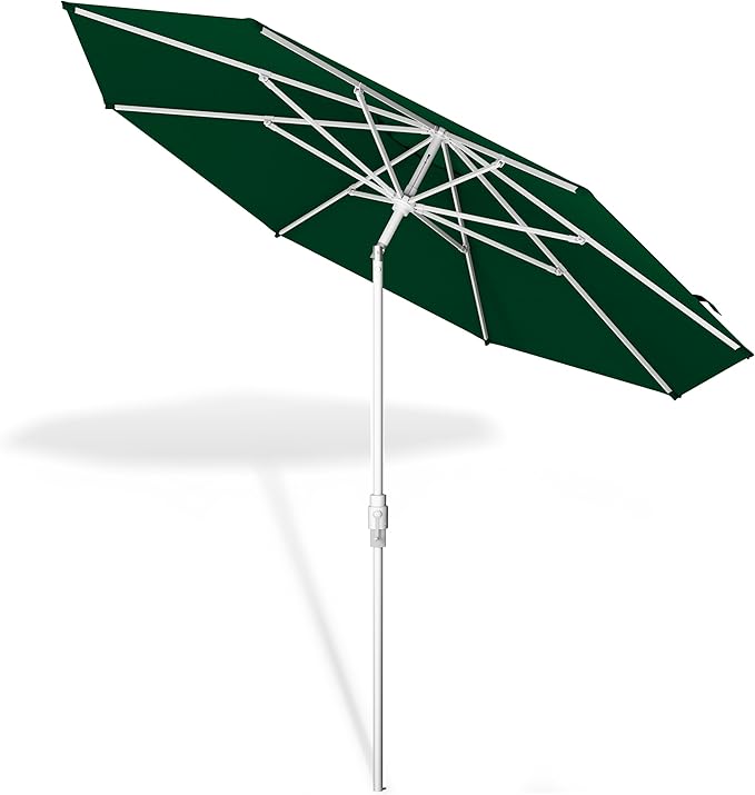 Midtown Umbrellas The Swilt 9 Feet Patio Umbrella in Sunbrella Forest Green Acrylic Fabric - Fiberglass Ribs, Auto-Tilt Aluminum Frame For Backyard, Deck, Garden, Pool - White Pole