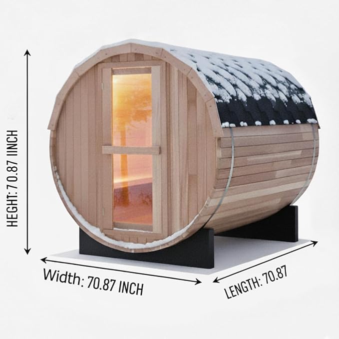 Outdoor Barrel Steam Sauna, 4-6 Person Wood Sauna Room with 220V，6kw Toule Sauna Heater with Sauna Stone, Canadian Helmock Wooden Sauna, Sauna Accessories and Asphalt Shingle Roof (Helmock)