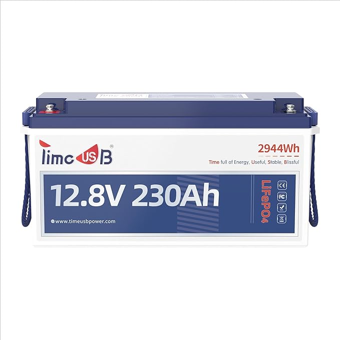 Timeusb 12V 230Ah LiFePO4 Lithium Battery, Built-in 150A BMS, Max. 1920W Power Output & 2944Wh Energy Lithium Battery, 15000 Cycles for Your RVs, Solar System, Off-Grid, Camper, etc
