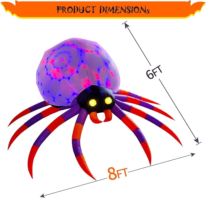 DomKom 8FT Halloween Inflatable Decorations Spider, Build-in Magic LED Lights Holiday Blow Up Yard Decoration for Halloween Holiday Party Outdoor,Garden Yard Lawn Decor