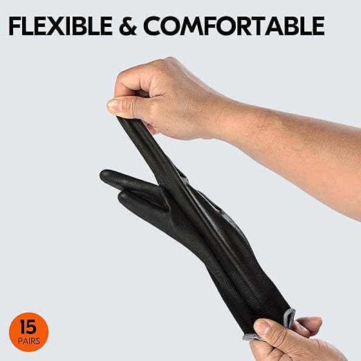 Vgo... 15-Pairs Safety Work Gloves, Gardening Gloves, Polyurethane Coated, Dipping Gloves, Latex Free (Size XL, Black, PU2103)