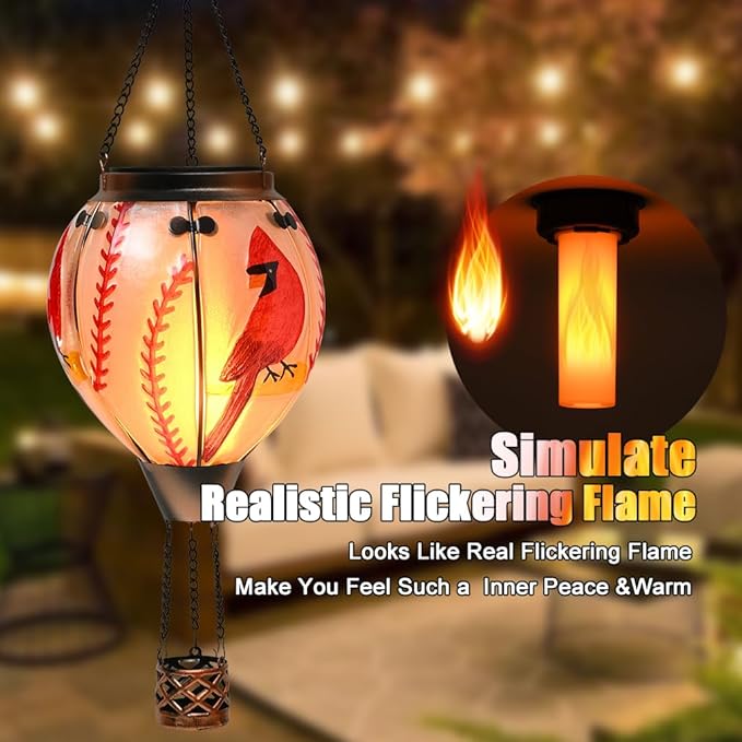 Hot Air Balloon Solar Lantern - Cardinal Bird Glass Lantern, Simulated Flickering & Dancing Flame, Outdoor Hanging Yard Light Waterproof IP65 for Patio Lawn Porch Decor Gift