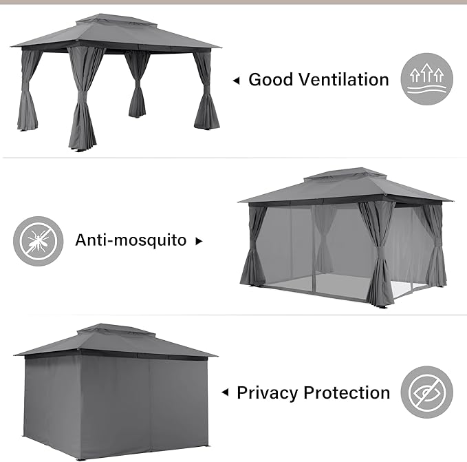 LAUSAINT HOME Outdoor Patio Gazebo 10'x13' with Expansion Bolts, Heavy Duty Party Tent & Shelter with Double Roofs, Mosquito Nettings and Privacy Screens for Backyard, Garden, Lawn, Smoke Grey